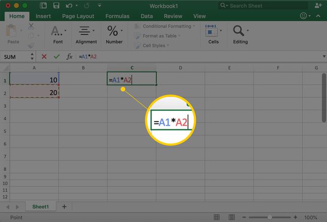 Excel pokazujący komórkę C1 z A1*A2 w niej