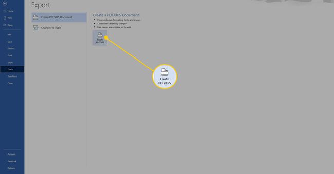 Exportscherm in Word met de knop PDF maken gemarkeerd