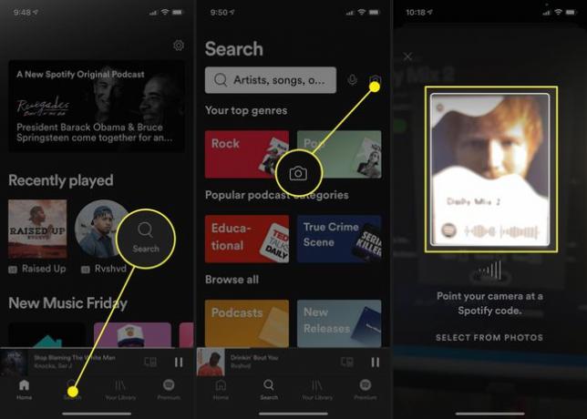 Zrzuty ekranu aplikacji Spotify z informacją, jak zeskanować kod utworu.