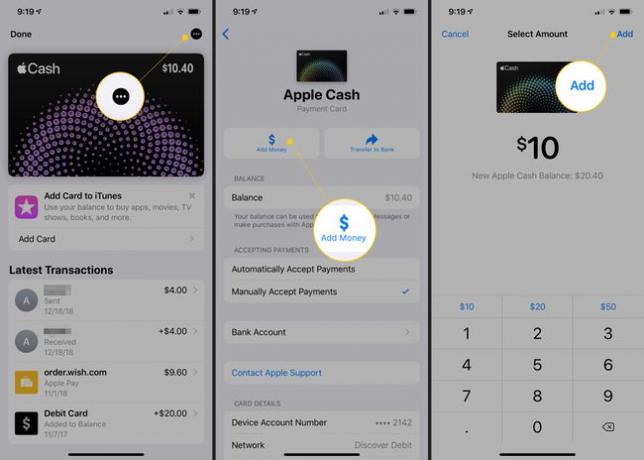 Nabídka se třemi tečkami, tlačítko Přidat peníze, tlačítko Přidat v Apple Cash