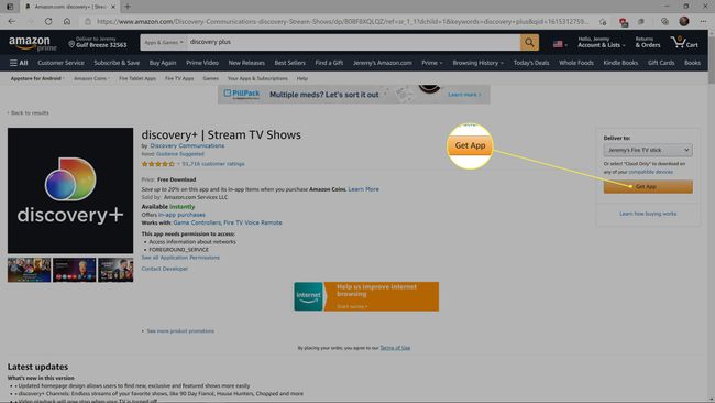 Amazon ऐप स्टोर में Discovery+ लिस्टिंग में Get App को हाइलाइट किया गया है।