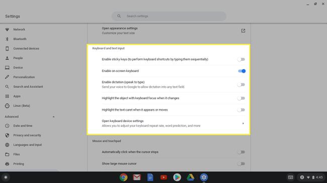 Indstillinger for tastatur og tekstinput i Chrome OS