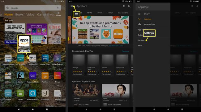 Amazon Appstore, ikona menu i ustawienia na Kindle Fire