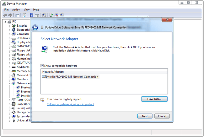 Windows 7'de Ağ Bağdaştırıcısı Seç ekranının ekran görüntüsü