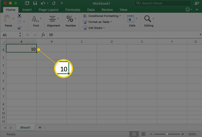 Excel pokazujący komórkę A1 z liczbą 10