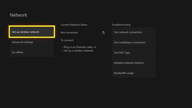 Menu de configurações de rede do Xbox One com 'Configurar rede sem fio' selecionado