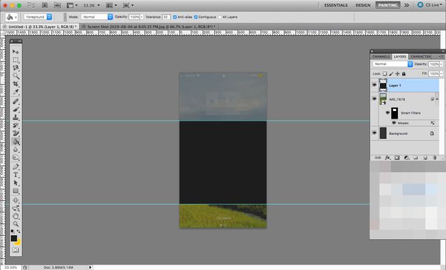 Photoshopは、時計の下にボックスがあるiPhoneディスプレイのサイズを文書化します