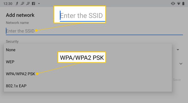 Ingrese el campo SSID, más la opción de seguridad WPAWPA2 PSK para Wi-Fi en Android