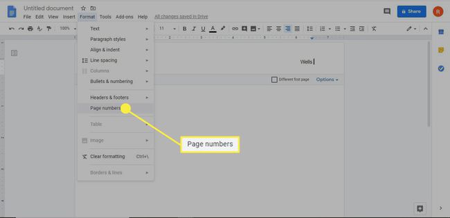 A opção Números de página no Google Docs.