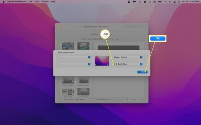 تم تمييز مفتاح الاختصار الموجود بجوار Quick Notes و OK في إعدادات الزاوية الساخنة لنظام Mac
