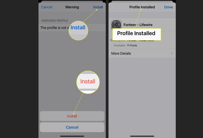 iPhone-profilindstillinger med Install Install fremhævet, og Profil Installed-meddelelsen fremhævet