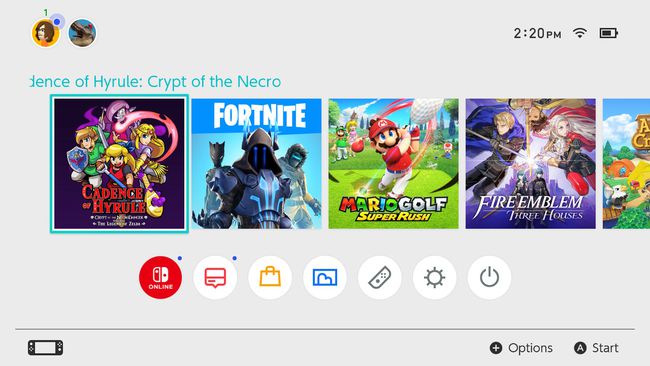 A tela inicial do Nintendo Switch.