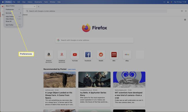 تم تمييز قائمة تفضيلات Firefox.