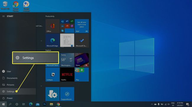 Configuración resaltada en el menú de inicio de Windows 10