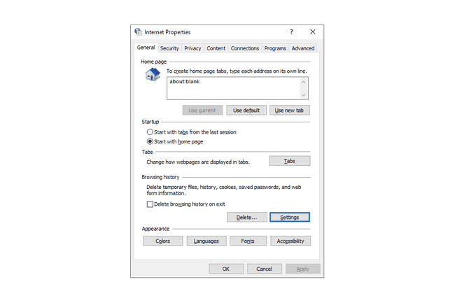 Botón de configuración de Propiedades de Internet de Windows 10