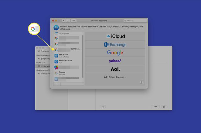 MacOS-fiókok, amelyeknél a Gmail-fiók ikonja kiemelt