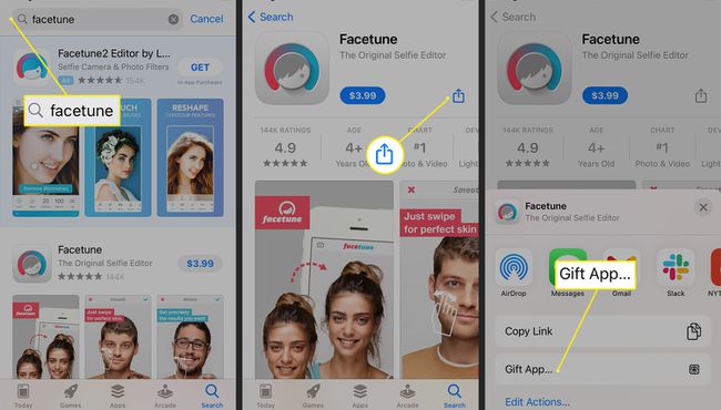 Suchfeld, Freigabesymbol und Geschenk-App-Option aus dem App Store
