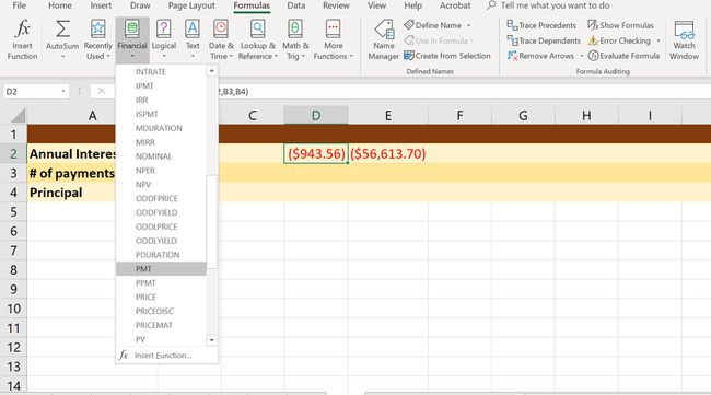 Ein Screenshot des Dropdown-Menüs Finanzformel von Excel mit ausgewähltem PMT.