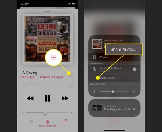 Skjermbilder av deling av lyd med AirPods som allerede er koblet til en annen iPhone