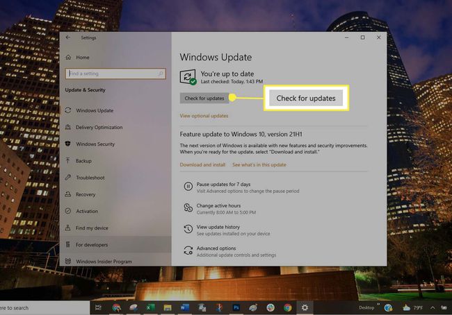 Windows 10'da " Güncellemeleri kontrol et" seçeneğinin seçilmesi.