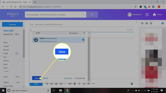 Yahoo Mail com o botão Concluído realçado