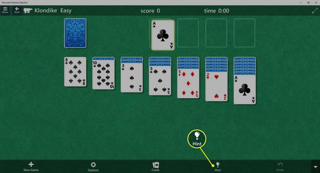 Екранна снимка на Hint в MS Solitaire