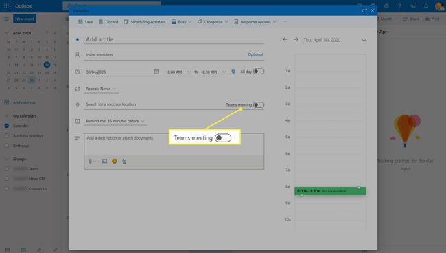 Teamsi koosoleku liugur Outlookis