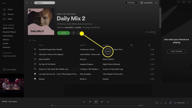 Zrzut ekranu Spotify z menu z trzema kropkami.