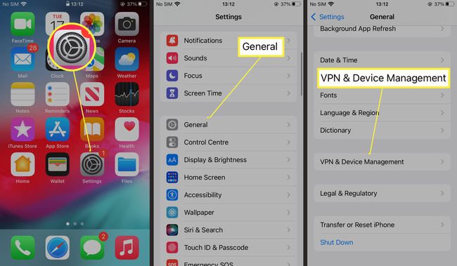 Etapas necessárias para encontrar VPN e gerenciamento de dispositivos nas configurações do iOS 15