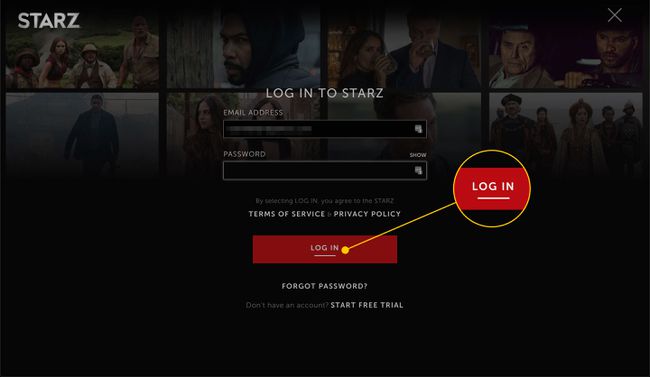 หน้าจอเข้าสู่ระบบบน Starz โดยเน้นที่ปุ่มเข้าสู่ระบบ