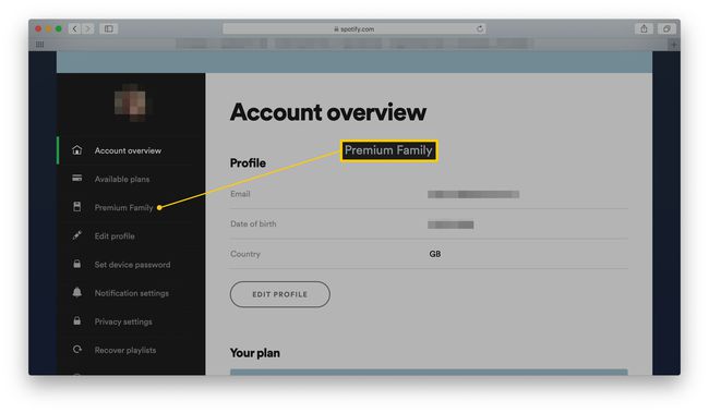 Szczegóły konta Spotify z podświetloną Premium Family
