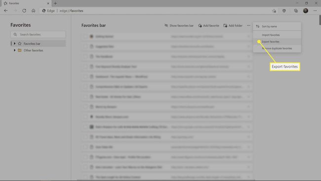 La opción de menú Exportar favoritos en Microsoft Edge.