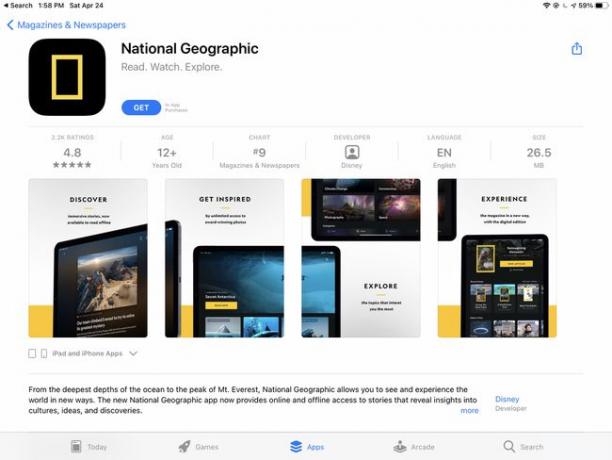 تطبيق iPad App Store مجلة National Geographic يفتح على صفحة التنزيل الخاصة به