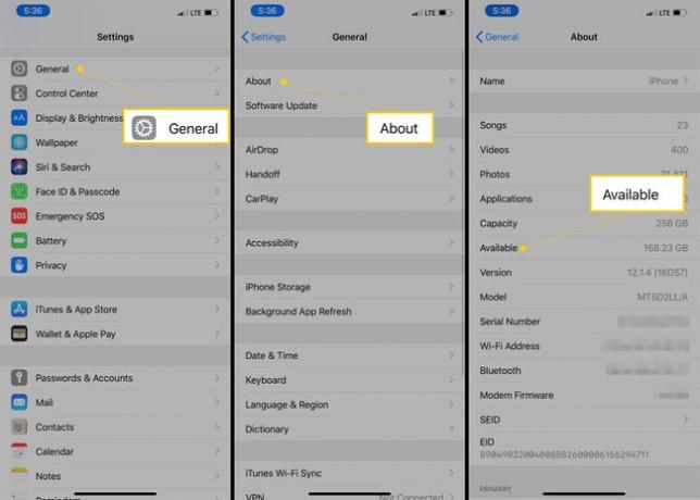 Geral, Sobre, Espaço disponível no aplicativo Configurações do iOS