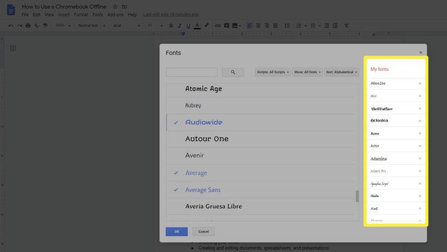Seznam Moje pisave v izbirniku pisav v Google Dokumentih.