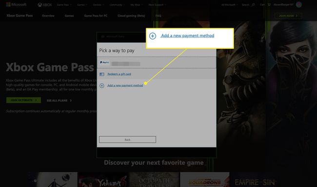 XboxGAMEパスのサインアップで強調表示されている新しい支払い方法を追加する