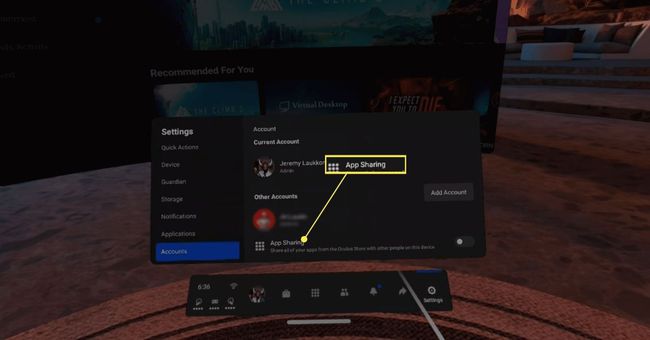 O compartilhamento de aplicativo alterna no Oculus Quest 2.