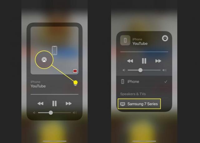 Screenshots, die zeigen, wie AirPlay auf einem iPhone verwendet wird.