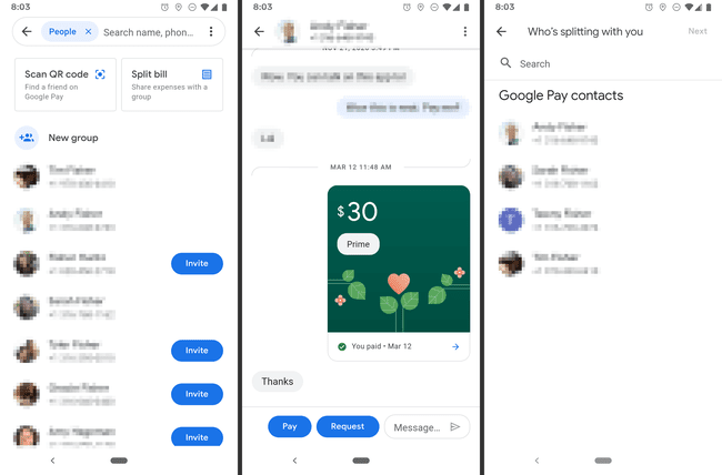 Google Pay-lista med kontakter och betalningstransaktioner 