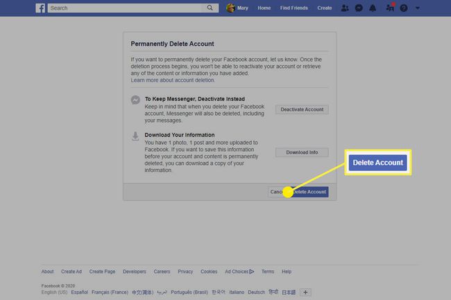 Snimka zaslona informacija o i opcija za brisanje računa na Facebooku.