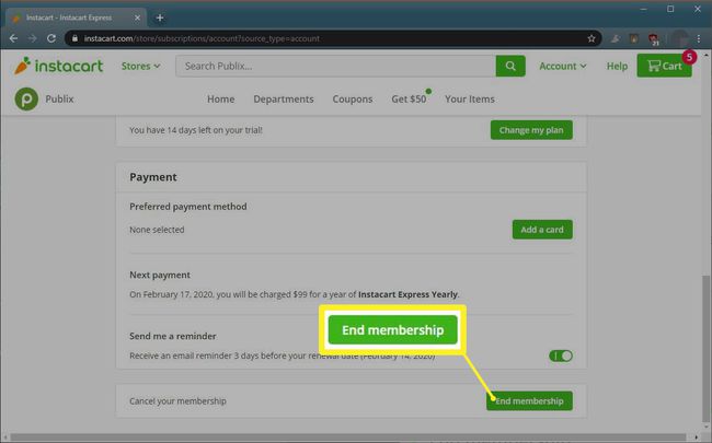 Instacart Express Schaltfläche zum Beenden der Mitgliedschaft