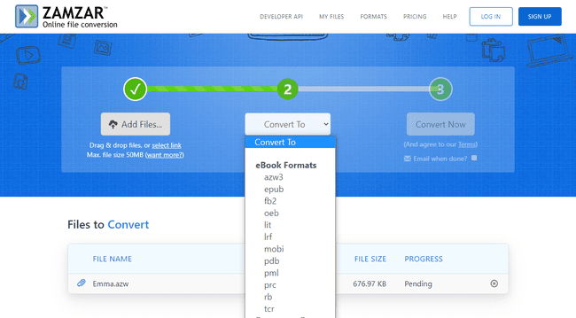 Captura de tela dos formatos de conversão AZW de Zamzar