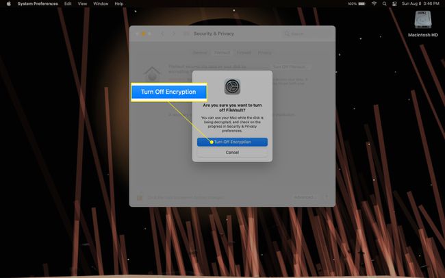 暗号化をオフにするが強調表示されたFileVaultターンオフ確認ウィンドウ