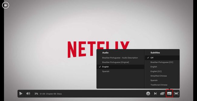 オーディオと字幕のオプションは、Netflixのロゴの上に重ねられています。