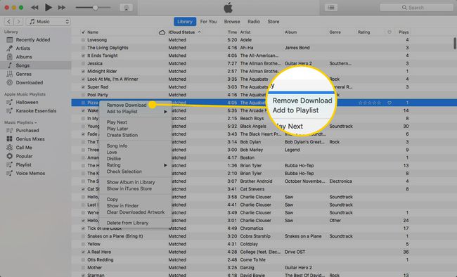 iTunes dziesmu izvēlne ar iezīmētu opciju Noņemt lejupielādi