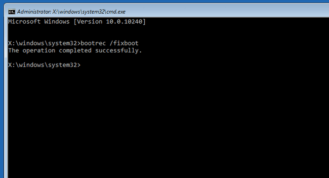 ukaz bootrec fixboot v sistemu Windows 10