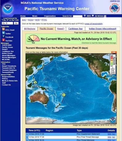 Snímek obrazovky Pacific Tsunami Warning Center