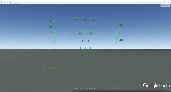 Zrzut ekranu wyświetlacza Google Earth Heads Up w symulatorze lotu.