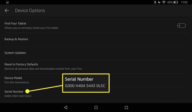 Egy Kindle Fire táblagép eszközlehetőségei a sorozatszámmal.