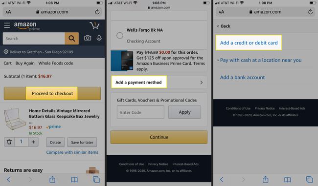 Continúe con el pago, " Agregar un método de pago" y " Agregar una tarjeta de crédito o débito" en la aplicación de Amazon.